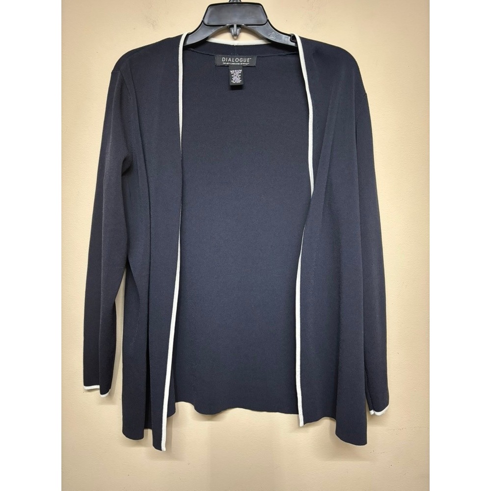 Dialogue Navy Open Front Cardigan Women's Medium White Trim‎ Workwear Sweater